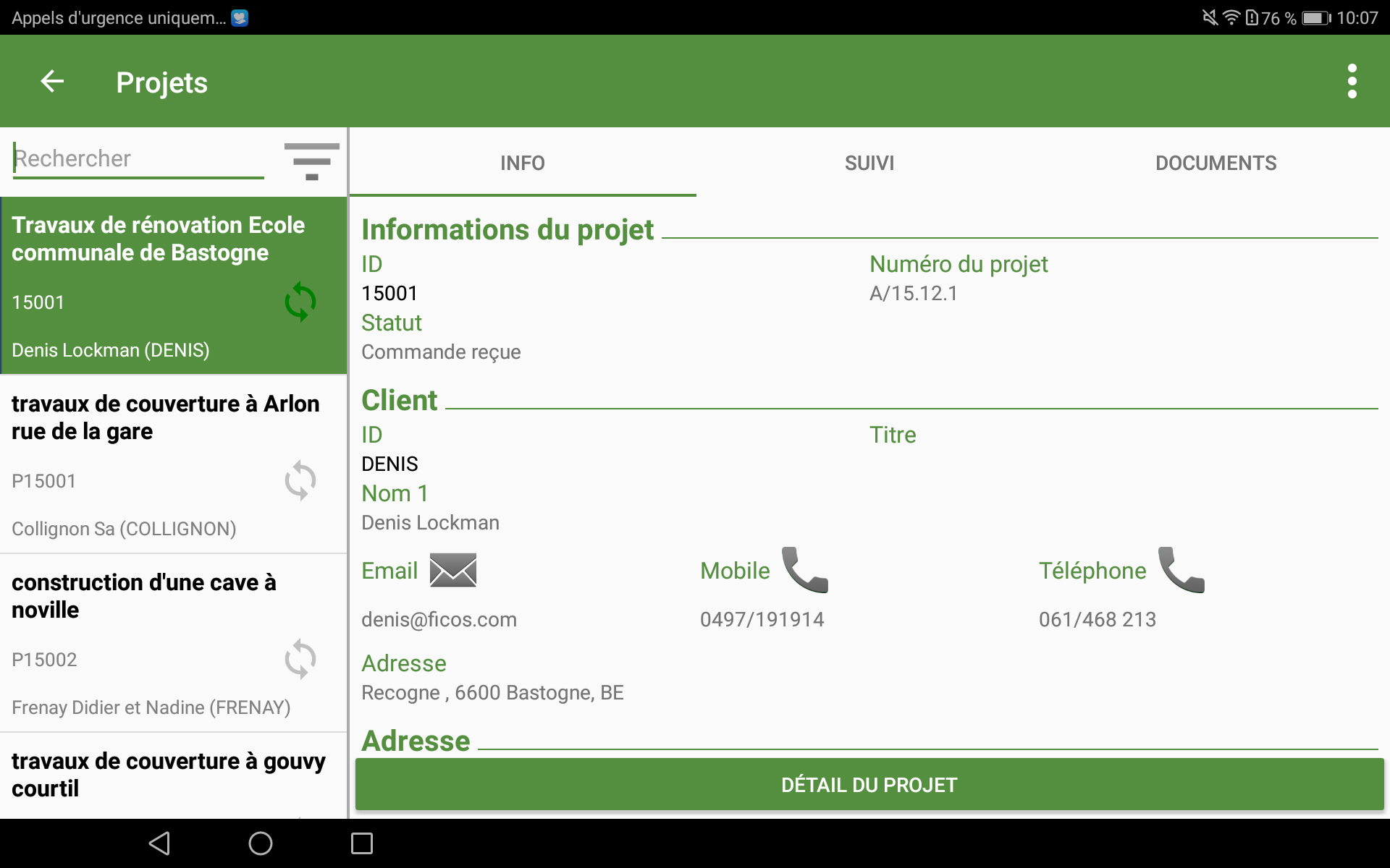 Détail de projets sur l'ERP Hit-Mobile